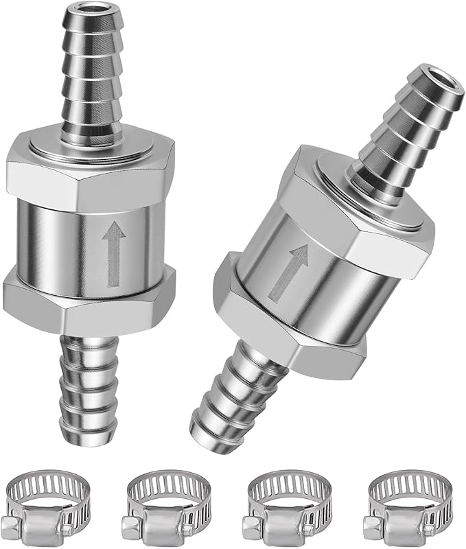 EVIL ENERGY 1/4'' (6mm) Check Valve, 2 Pcs Aluminum One Way Fuel Check Valve for Gasoline, Diesel & Coolant with Universal Hose Clamps, Silver