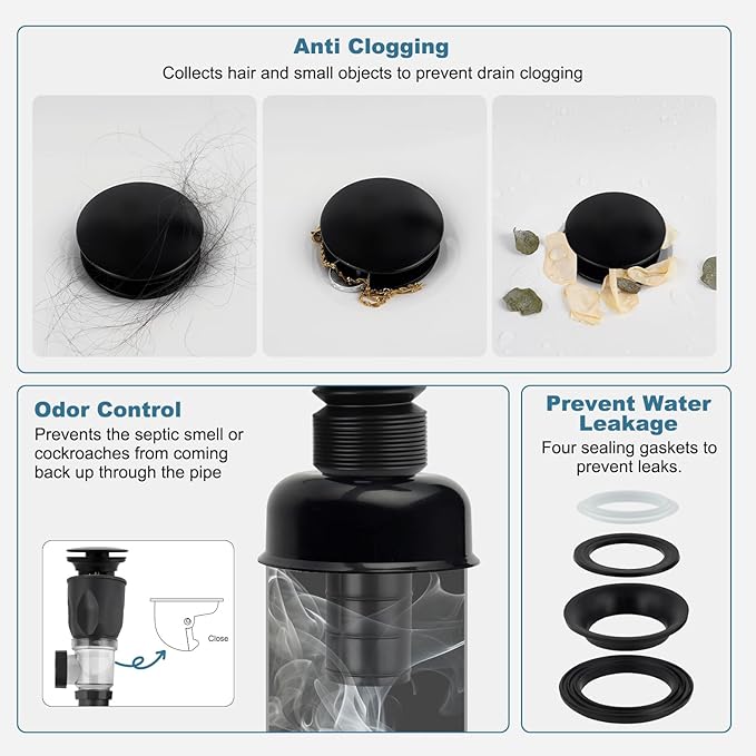iFealClear Bathroom Sink Drain Kit, Flexible P-Trap Drain Pipe with Pop Up Stopper, Sink Pipe Replacement with 2 Adapters, Fits 1-1/4'', 1-1/2'', 2" Holes, Big Cover Cap, Brass Bounce Core, Black