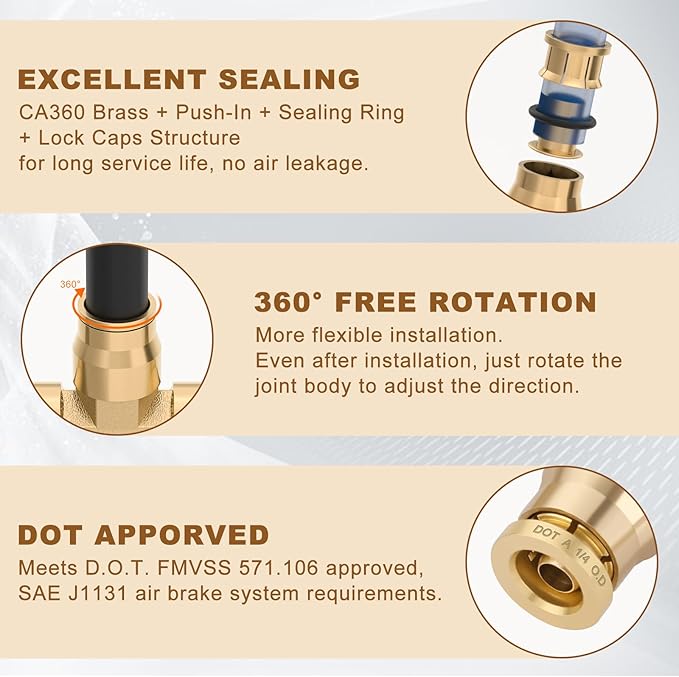 1/4" Quick Push to Connect Fittings Brass Union Tee Shaped Joint DOT Approved 1/4 Inch OD 3 Way Tube Air Line Adapter Air Spring Suspension Kit for Car Truck Trailers and Air Brake System 2pcs