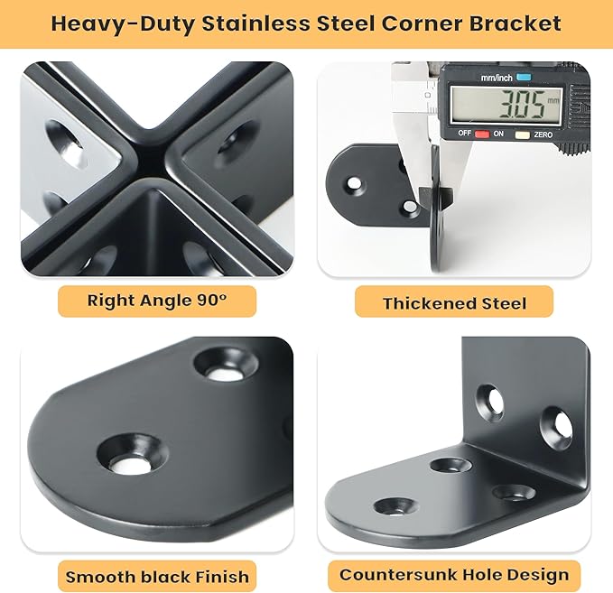 Alise 4Pcs Stainless Steel L Brackets for Shelves Black, Small Floating Shelf Brackets, 90 Degree Right Angle Bracket, Heavy Duty Metal L Bracket Corner Brackets for Wood Furniture (2.56X2.56 in)
