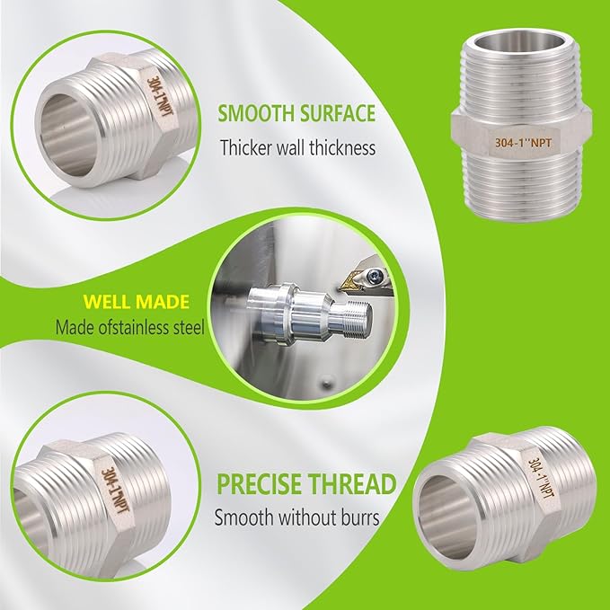 2PCS Hex Nipple 1" x 1" Male Pipe Fittings, 304 Stainless Steel 1 inch NPT Threaded Pipe Adapter Fittings, Male Straight Connector Pipe Fitting