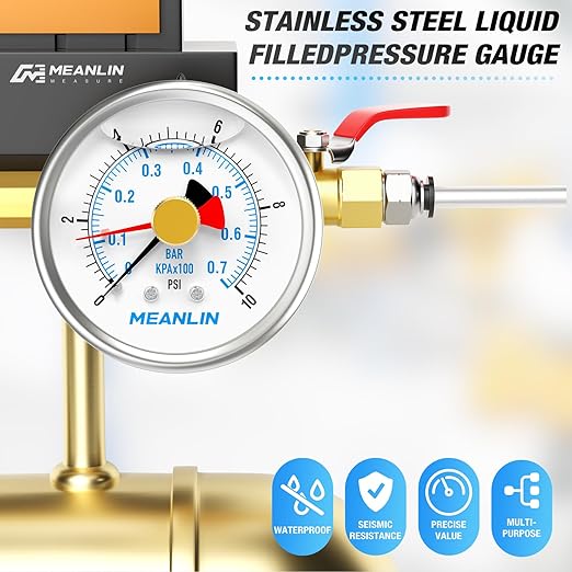 MEANLIN MEASURE 0~10Psi Stainless Steel 1/4" NPT 2.5" FACE DIAL with Reset Pointer Liquid Filled Pressure Gauge WOG Water Oil Air, Back Mount, with Brass Hex Bushing