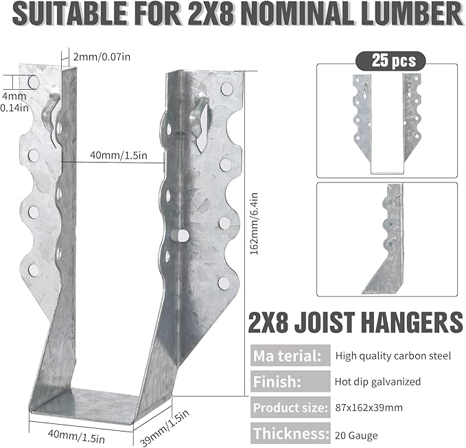 25PCS 2x8 Joist Hangers, 20 Gauge Double Shear Face Mount Rafter Brackets for Wood, Hurricane Rafter Ties Clips LU28 for Rafters, Decks, Floors and Ceiling Trusses, Lumber Beam Connectors