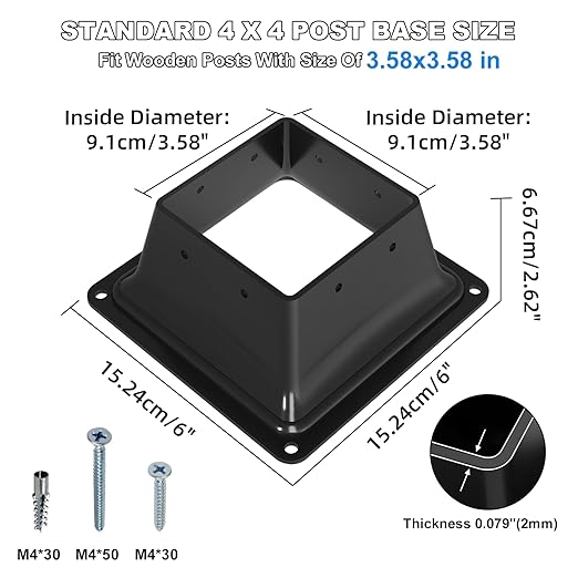 4x4 Post Base 2Pcs-Inner Size 3.6x3.6-Heavy Duty Metal Post Brackets-Deck Post Anchors-Solid Steel-Powder Coated-Wood Post Holder for Porch Handrail Railing Pergola Fence Pavilion-Support Deck Base