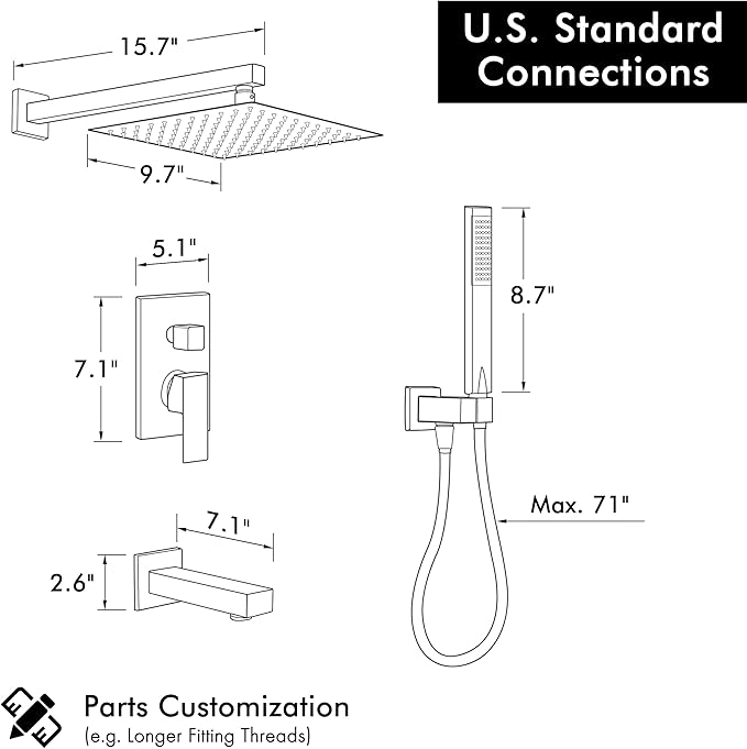 KES Shower System Pressure Balancing Shower Valve with Tub Faucet Spout Set Handheld and 10 Inch Rainfall Shower Head Combo All Metal Matt Black, XB6300-BK
