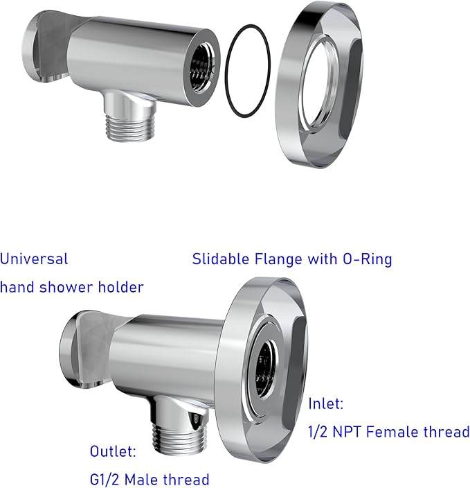 Aquaiaw Wall Supply Elbow with O-Ring Flange, Tapered 1/2 NPT Female Inlet, Solid Brass Wall Union With Handshower Holder, Round Wall Supply Elbow With Hand Held Shower Head Bracket, Polished Chrome