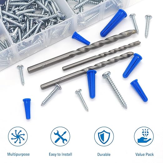 Conical Concrete Wall Anchors and Screws Assortment Kit, 228 Pcs Masonry Anchors with 3PCs Drill Bit,114 Brick Wall Anchors and 114 Self Tapping Screws, Blue