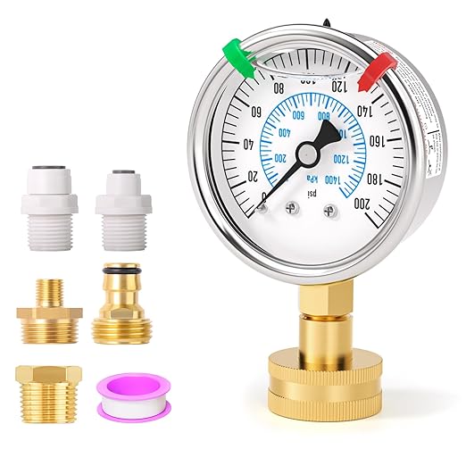 0-200PSI Stainless Steel Water Pressure Gauge Kit, 2.5" Dial Size, 3/4" Brass Female Lower Mount, with Sealing Ring, Plus 5 adapters, for Checking Gardens, Water Pipes, Multiple Systems