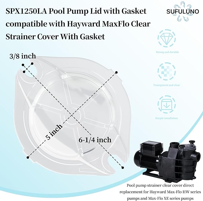 SPX1250LA Strainer Cover with Gasket Compatible with Hay-ward Max-Flo SP1800X & SP2800X Series Pool Pump,for Easy Cleaning of The Pump Basket (Kit Includes:Clear Cover SPX1250L & Gasket SPX125T)