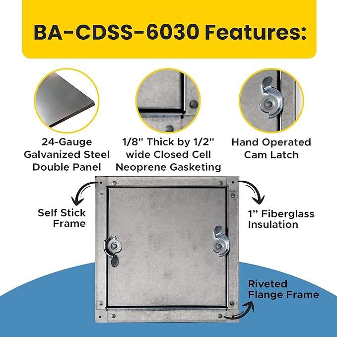 8" x 8" Self Stick Duct Access Door, 1" Fiberglass Insulated, Steel, No Hinge, BA-CDSS-6031