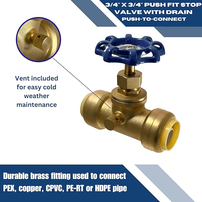 XFITTING 3/4 inch Push Fit Stop Valve with Drain and Vent, Push to Connect Brass Plumbing Fitting, Pex Pipe, Copper, CPVC, PE-RT, HDPE, 2-5-2=5, 5 Pieces
