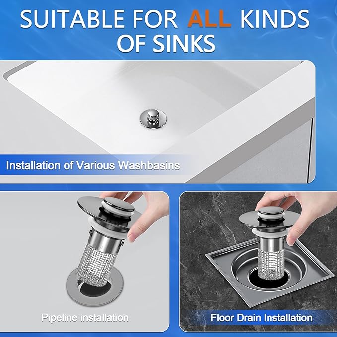 Sink Stopper Hair Catcher, Pop-up Sink Drain Strainer with Removable Stainless Steel Strainer Basket Hair Catcher, Bathroom Sink Strainer for Bathroom Sink Stopper Replacement (2pcs)