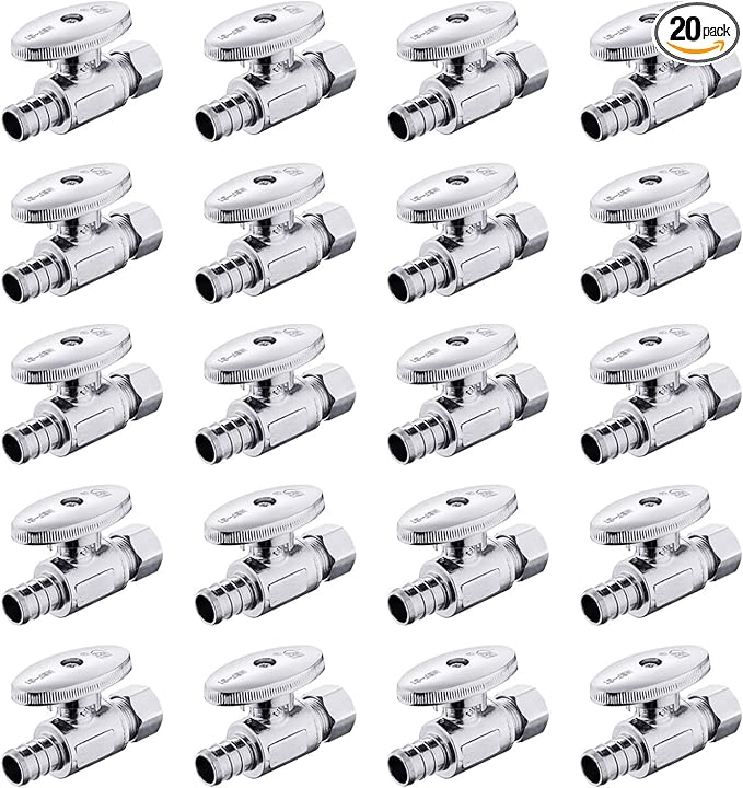 20-Pack EFIELD 1/4 Turn Straight Stop Valve 3/8" OD Compression X 1/2" Crimp Barb Pex Chrome Plated Brass,(VALVE085-20PCS)