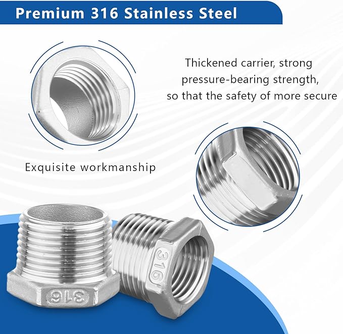 316 Stainless Steel Hex Bushing Reducer, 1/2" NPT Male to 1/4" NPT Female Pipe Fitting Adapter - Corrosion Resistant Connector for Plumbing, Hydraulic, Air, Oil & Gas Systems (1/2" to 1/4")