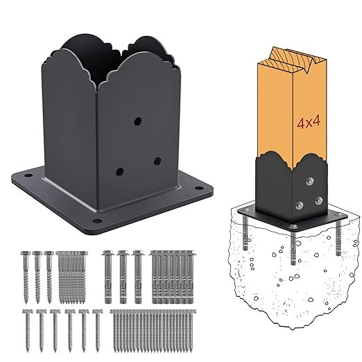 4x4 Post Base(４-Pack), Heavy-Duty Post Bracket (3.6 x 3.6 Inch Inner Size), Decorative Powder-Coated Wood Post Anchors for Pergolas, Fences, Decks, Come with Wood Screws and Concrete Anchors