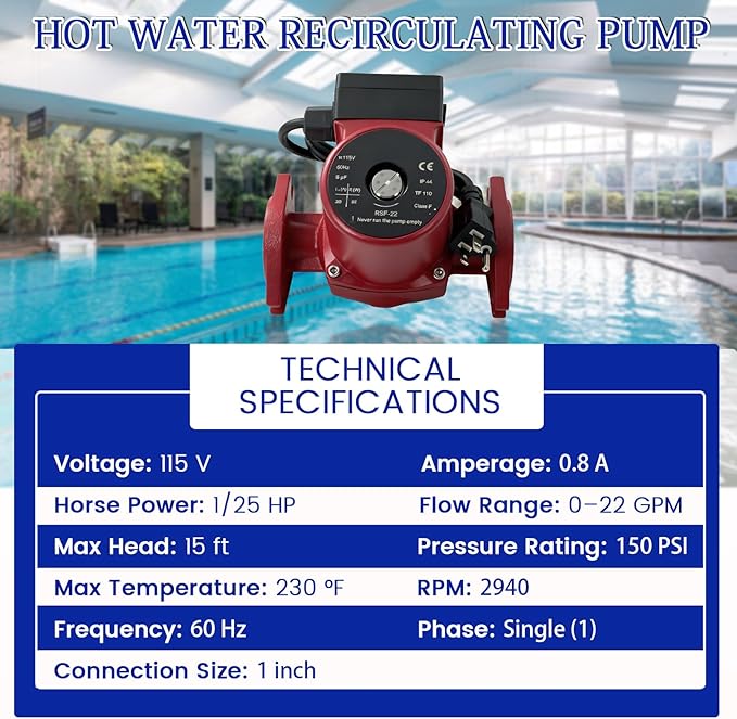 103252LF Hot Water Circulator Pump, 115V 1/25 HP 1" NPT - Compatible with Bell & Gossett NBF-22 Recirculating Pump