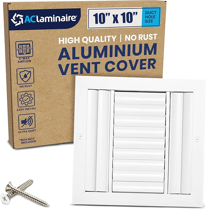 10x10 Inch (Duct Opening) Aluminum 3-Way Air Flow Vent – HVAC Vent Cover for Wall or Ceiling – Quiet HVAC Wall Register - Multi-Shutter Damper – Adjustable Curved Blade - Plastic Seal for Tight Fit
