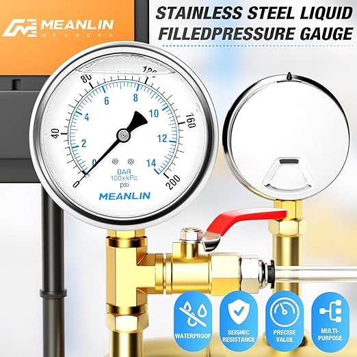 MEANLIN MEASURE 0~200Psi Stainless Steel 1/4" NPT 4" FACE DIAL Liquid Filled Pressure Gauge WOG Water Oil Air Lower Mount, with 1/4" x 1/2" NPT and 1/4" x 3/8" NPT Hex Bushing
