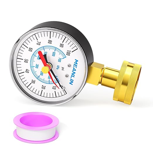 MEANLIN MEASURE 0~100Psi 3/4" Female Water Pressure Test Gauge, 2.5" FACE DIAL with Red Indicator Hands, Hydraulic Tester Suitable for Gardens, Water Pipes
