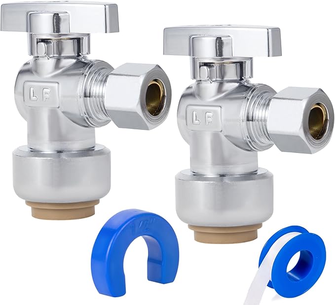 Angle Stop Valve, PushFit Angle Stop Valve,Angle Water Shut Off Valve 1/2 x 3/8 Inch Compression, Toilet Water Valve, 1/4 Turn, No Lead Brass Push to Connect Plumbing Fitting（2PCS）