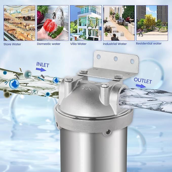 Amwater NSF/ANSI 42 Stainless Steel Whole House Water Filter Housing, 10" x 2.5" Sediment Water Filter System for Heavy Duty, Well & City Water, 1/2" NPT Port, Drain Valve Style C