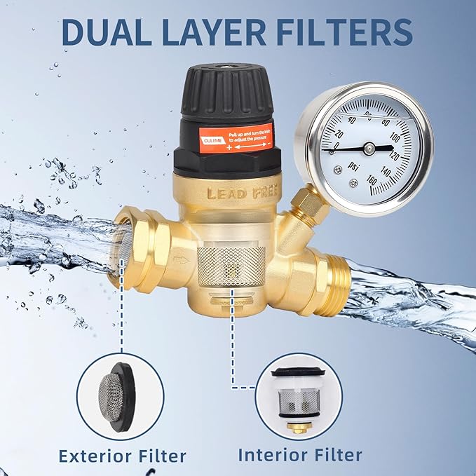 OULEME RV Water Pressure Regulator Valve with Handle Adjustable, Silicone Oil Gauge, Double Filters, Brass Lead-Free and 3/4" Connector for Camper Travel Trailer Water Pressure Control