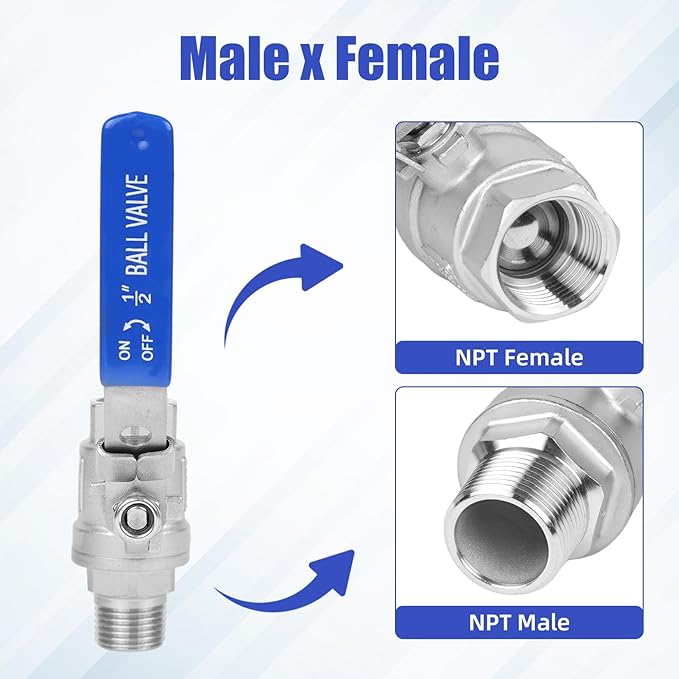 YADIAN 4 Pack Full Port Ball Valve 1/2 Inch - NPT Male x Female 304 Stainless Steel Heavy Duty Shut Off Valve with Locking Device for Water, Oil, and Gas, 1000WOG (1/2'' NPT, Pack of 4)