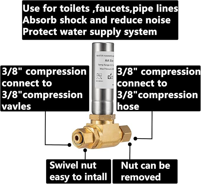 (1 Pack) Lidertik Water Hammer Arrestor for Dishwasher and Toilet 3/8 Inch Male Compression and 3/8 Inch Female Compression, Absorb Shock and Reduce Noise for Water Pipe
