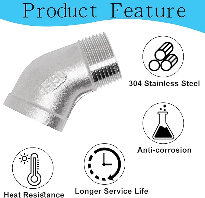 1PCS 304 Stainless Steel 45 Degree Elbow, 1" NPT Male Pipe to 1" NPT Female Coupler, Heavy Duty Forged Street Elbow Adapter Pipe Fittings, Class 150