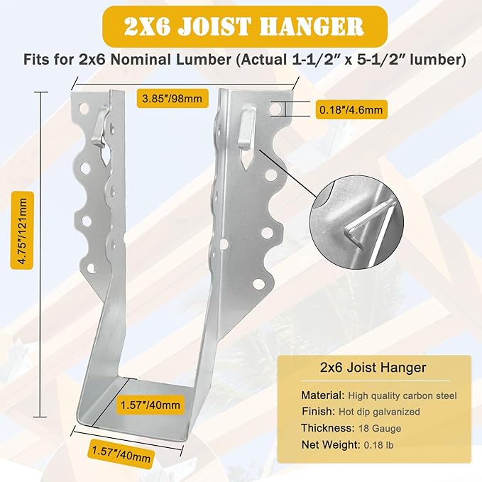 [25 Pack] 2x6 Joist Hanger, 18 Gauge LU26 Galvanizing Face Mount Joist Hangers, Wood Hurricane Ties, Rafters Tie