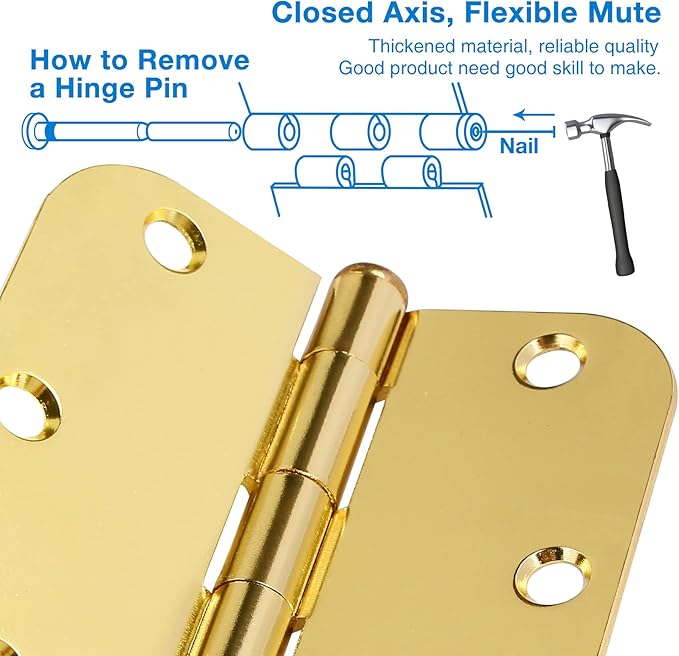 Door Hinges Polished Brass 3.5 Inch Interior Door Hinges Bright Gold 12 Pack 5/8" Radius Corners 3-1/2 Hinge for Master Bedroom,Biford,Basement Side Doors Yellow Shiny Luxury Residential Hardware JIW
