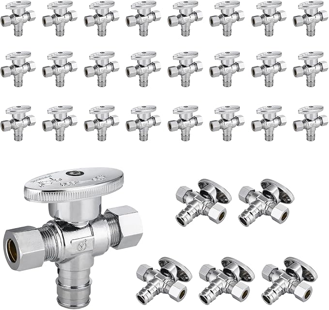 30-Pack Foskan Dual Outlet Angle Stop Valve,1/4 Turn Shut off Valve,1/2" PEX-A x 3/8" OD x 3/8" OD,Chrome Plated Brass