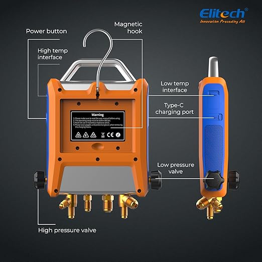 Elitech Digital Manifold Gauge HVAC 4 Valve Manifold Gauge with Hoses Vaccum Sensor Thermometer Clamps, EMG-40V