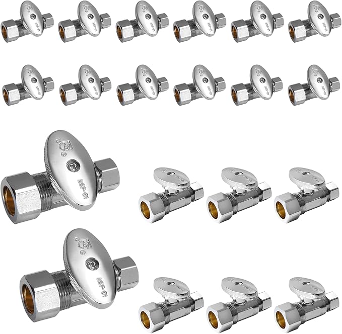 20-Pack Foskan 1/4 Turn Compression Straight Shut off Valve,Straight Stop Valve 1/2" NOM (5/8" OD) x 3/8" OD,Chrome Plated Brass