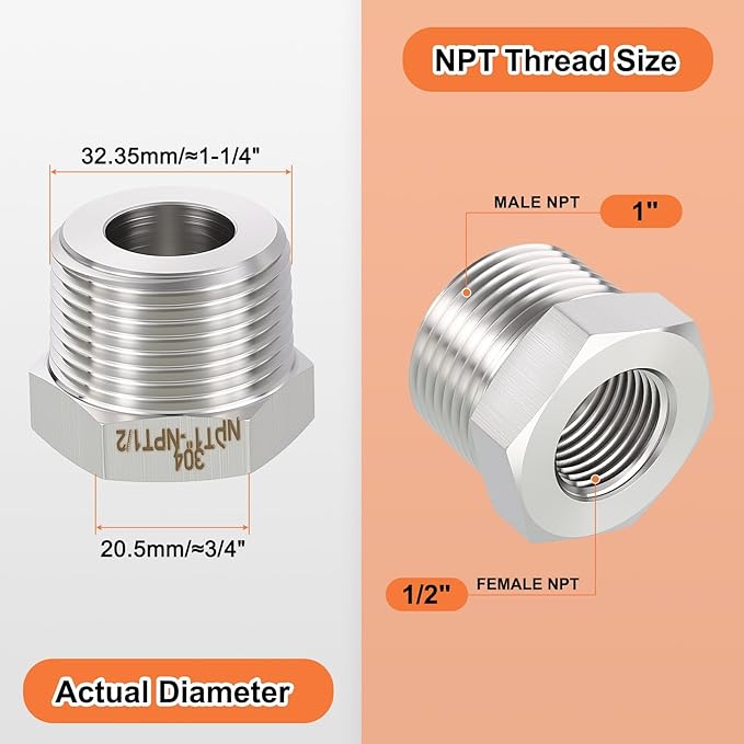 1 Pack 304 Stainless Steel Male to FeMale Adapter, 1" Male NPT x 1/2" FeMale NPT Hex Bushing Reducer for Industrial, Automotive, Fluid Transfer, Home Gardening, Water Treatment