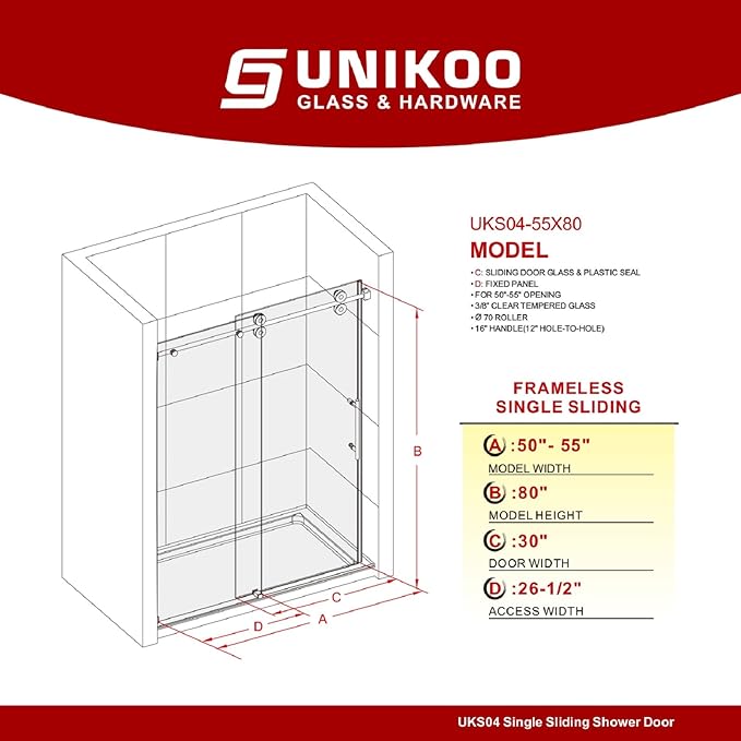 50-55 Inch x 80 Inch Sliding Frameless Shower Door, 3/8" Tempered Glass with Easy-Cleaning Coating, Stainless Steel Rollers & SGCC-Certified Stability, Bright Chrome