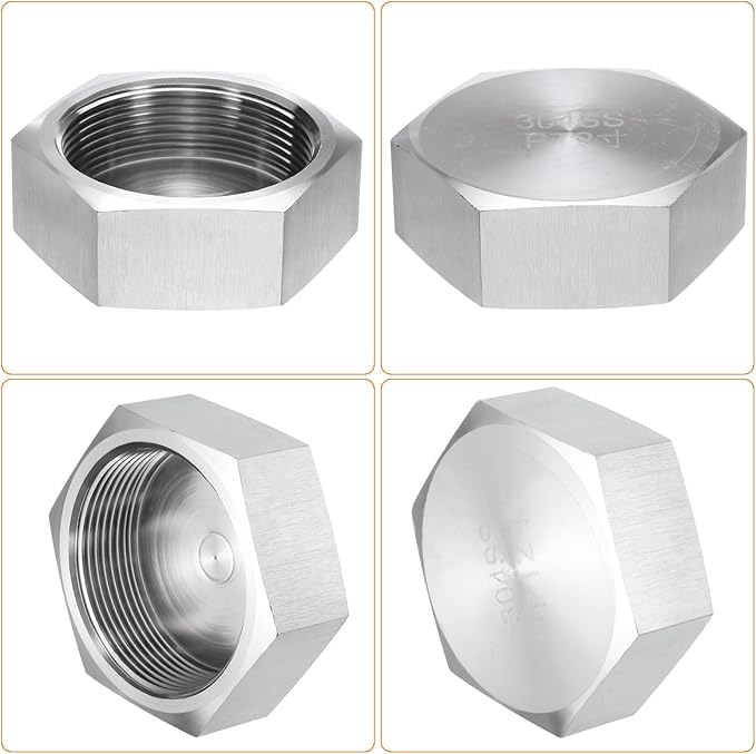 uxcell 1pcs Hex End Cap 304 Stainless Steel Nut with Washer, PT 2" Female Thread Pipe Fitting, Gas Line Water Line Stop Valve Cap Tubing Ends for Plumbing Fittings, Silver Tone