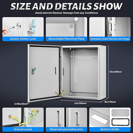 Steel Electrical Junction Box, 16 x 12 x 6 Waterproof & Dustproof Electrical Enclosure, Outdoor & Indoor Universal Project Box with Lock & Mounting Plate