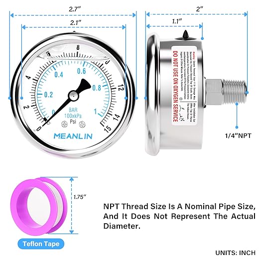 MEANLIN MEASURE 0~15Psi Liquid Filled Pressure Gauge Stainless Steel with 316 Stainless Steel Joint 1/4" NPT 2.5" FACE DIAL for Water Oil Air Well Pump Tank Tire Pressure Test Center Back Mount
