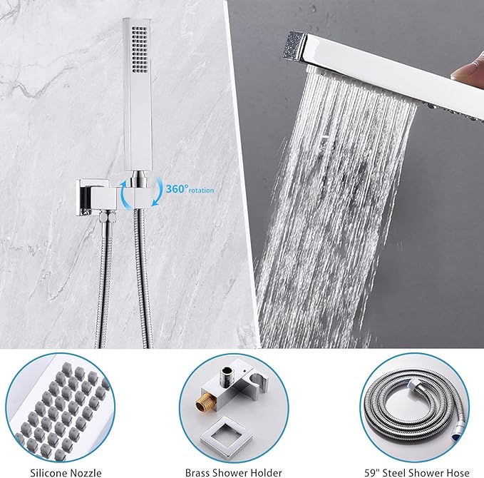 Temperature Display Rain Mixer Shower Faucet Set with 6 pcs Body Jets 12 inch Square Rainfall Shower Head with Handheld Spray Wall Mounted Rough-in Valve and Trim Included,Chrome