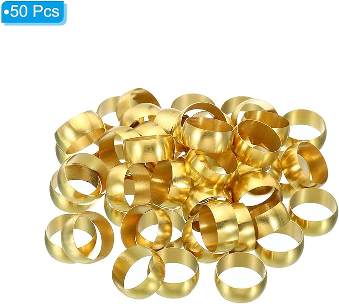 PATIKIL 16mm Tube OD Brass Compression Sleeves Ferrules, 50 Pack Brass Ferrule Fitting Brass Compression Fitting Assortment Kit for Air Water Gas Pipe