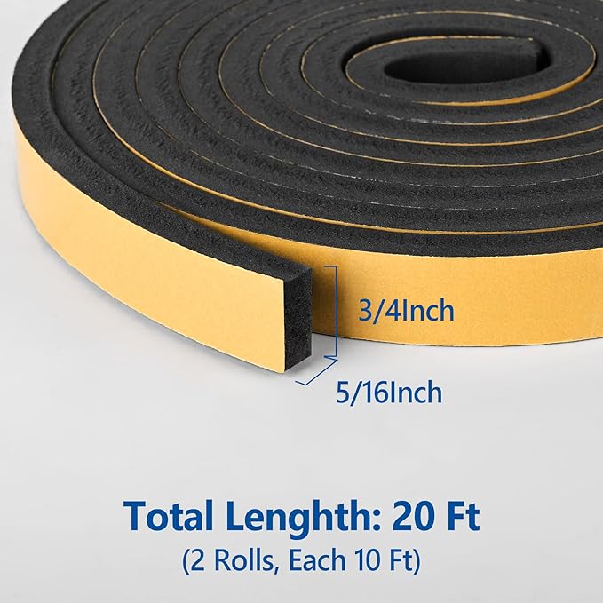 Self Adhesive Foam Tape Weatherstrip 3/4in x 5/16in x 20Ft High Density Foam Insulation Strips Foam Seal Weather Stripping with Strong Adhesive for Door and Window Sound Isolation Soundproofing