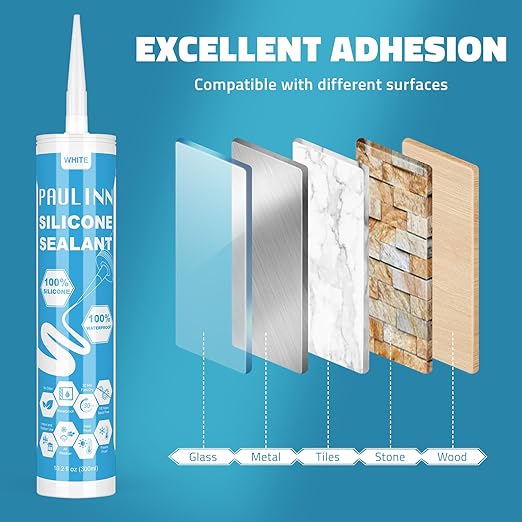 PAULINN Silicone Caulk White, 100% Silicone Sealant Waterproof for RV, Kitchen, Bath, General Use, Window, Door, Glass, Marine, 10.2 Oz, 4 Packs