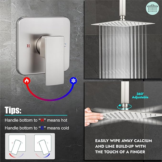 Heyalan Shower Faucet Set Square Stainless Steel Bathroom Rainfall Shower System One Handle Single Function Shower Trim Kit with Rough-in Valve Male Thread,Ceiling Mount,10 Inch,Brushed Nickel