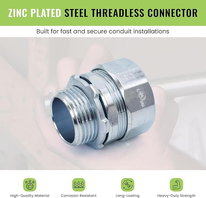 SELECT 10 Pack Lighting Threadless Connector, 1-1/4 Inch Zinc Plated Steel Compression Connector, Electrical Conduit Fittings for Indoor and Outdoor Use