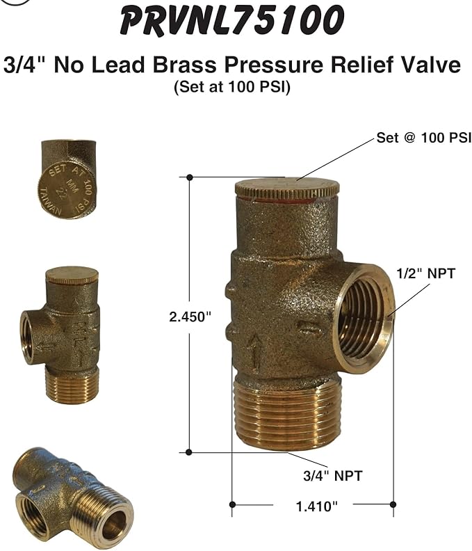 Merrill MFG PRVNL75100 Lead-Free 3/4" Pressure Relief Valve - No Lead Brass, 100 PSI for Water Systems
