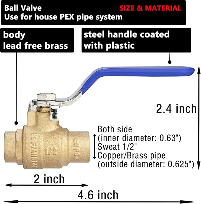 (4 Pack) Lidertik 1/2 inch Sweat Ball Valve Shut Off Valve 1/4 Turn Valve LI-QF1-FS-0.5(4 PCS)