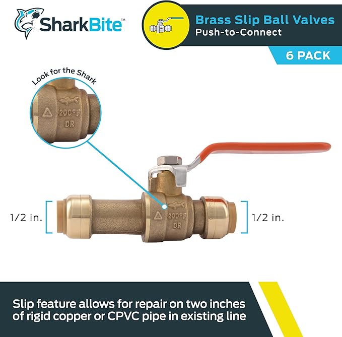 SharkBite 1/2 Inch Slip Ball Valve, Pack of 6, Push to Connect Brass Plumbing Fitting, PEX Pipe, Copper, CPVC, PE-RT, HDPE, 24735LFZ