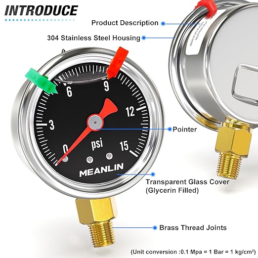 MEANLIN MEASURE 0~15Psi Black Stainless Steel Pressure Gauge, Glycerin Filled 1/8" NPT 1.5" FACE DIAL, Liquid Filled Pressure Gauge WOG Water Oil Air Lower Mount (with 2PCS Snaps)