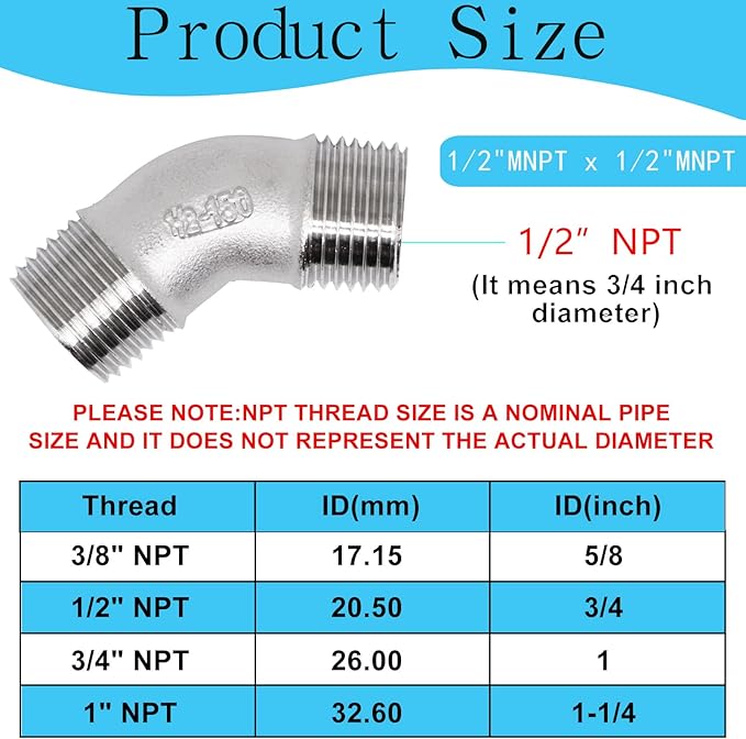 2PCS 304 Stainless Steel 45 Degree Elbow, 1/2" NPT Male Pipe to 1/2" NPT Male Coupler, Heavy Duty Forged Street Elbow Adapter Pipe Fittings, Class 150